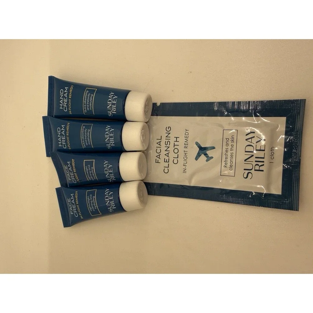 5 Sunday Riley In-Flight Remedy Face Cream 2, Hand Cream 2, Cleansing Cloth New